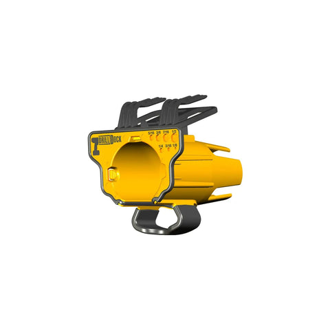 Side view of yellow Grab And Go Drill Dock Organizer for Cordless Drills and Drivers with Universal Fit, Fixed Mount or Side Clip