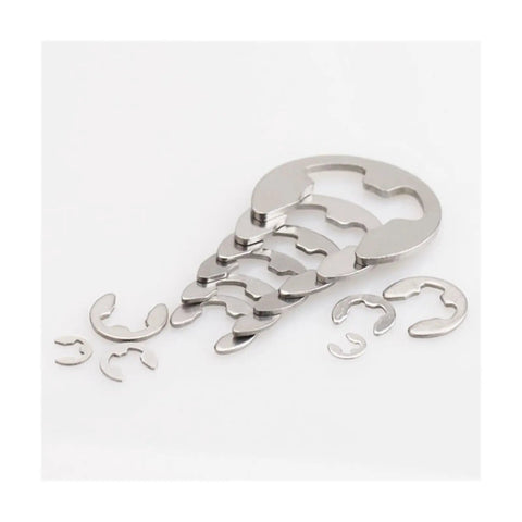 Premium 316 Stainless Steel E Clip Circlip Retaining Ring for Shaft Fastener M7 Size 20 Piece Pack laid out in various sizes.