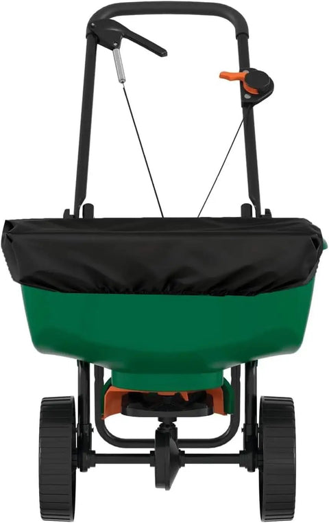 Broadcast Spreader Cover For Scotts Mini Fertilizer Spreaders, Black 600D Waterproof with Drawstring, fitted on green spreader.