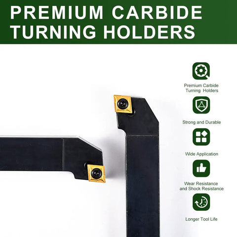Indexable Lathe Turning Tool Set With Three Quarter Inch Shank Seven Piece Carbide Inserts CNC Built Tough Lathe Tools For Turning Grooving Threading And Cutting Tin Coated Inserts For Smooth Finish. Two black lathe holders with carbide inserts on white background, green label.