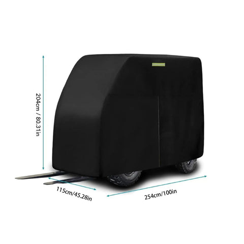 Heavy duty black forklift cover with dimensions 104.33 x 49.2 x 80.31 inches, featuring a tough 600D material.