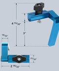 3 Inch Fence Flip Stop For T Track Systems With One Quarter Inch Hex Bolt, Blue with Measurements in Image