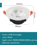 Xinmeiyue 5W/7W/12W/15W LED Recessed Lighting Kit - Selectable 3000K/4000K/6000K for Home & Commercial Use(7w,Neutral Light) white COB downlight view showing dimensions and aluminum material.