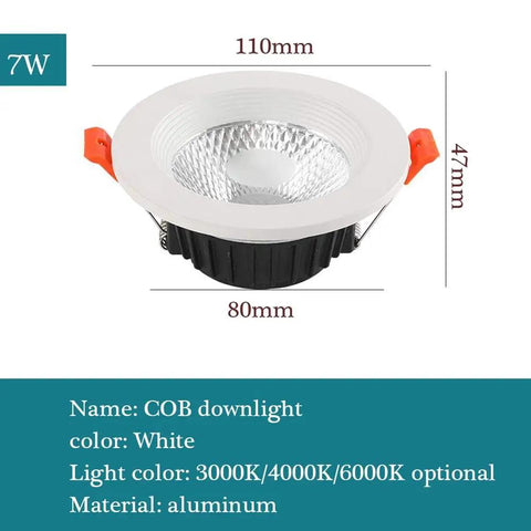 Xinmeiyue 5W/7W/12W/15W LED Recessed Lighting Kit - Selectable 3000K/4000K/6000K for Home & Commercial Use(7w,Neutral Light) white COB downlight view showing dimensions and aluminum material.