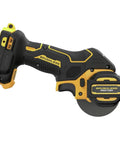 Side view of DEWALT 20V MAX XR Brushless Cut Off Tool, compact bare tool with yellow/black housing and disc blade.