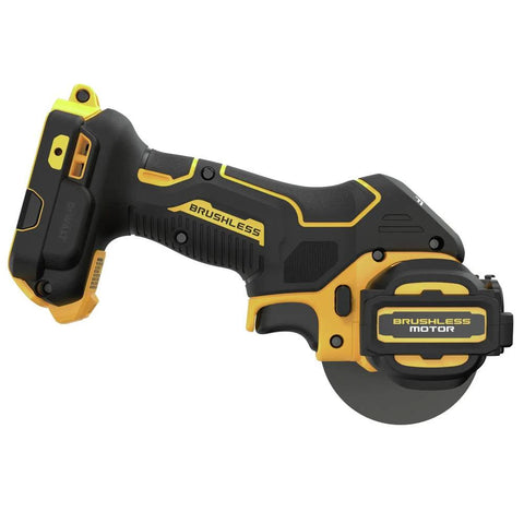 Side view of DEWALT 20V MAX XR Brushless Cut Off Tool, compact bare tool with yellow/black housing and disc blade.