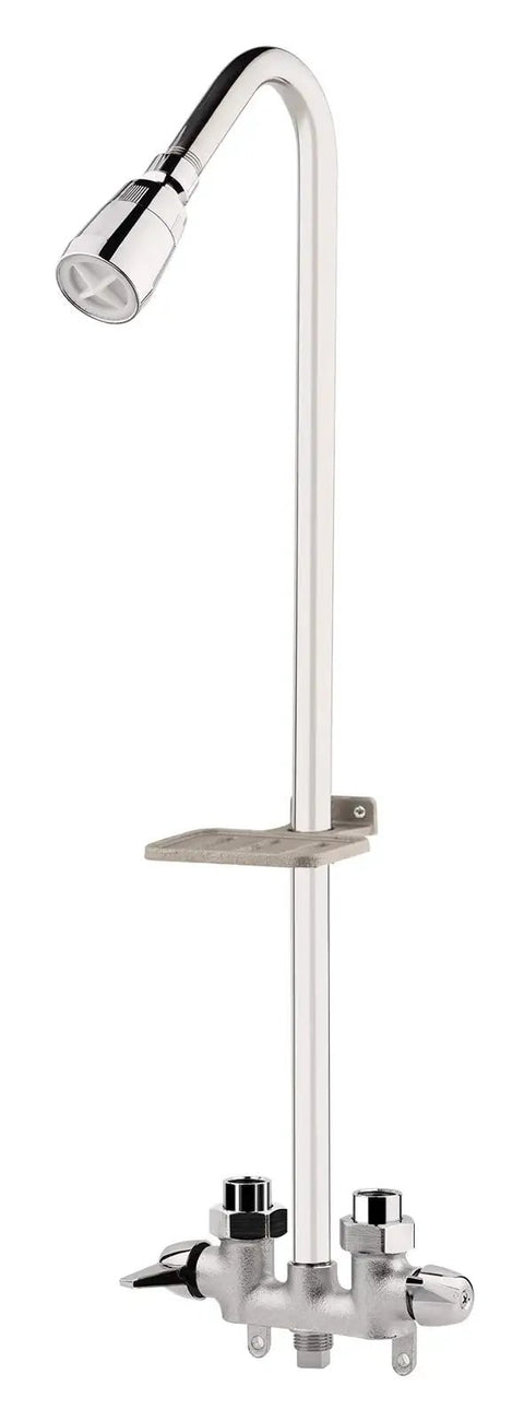 Outdoor Shower Fixture System With Rustproof Riser And Extension, Double Handle Faucet, Shower Head And Soap Dish, Polished Chrome