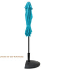 33 Lb Half Round Heavy Duty Base Stand Weight For Outdoor Patio Market Umbrella In Black with folded turquoise umbrella.