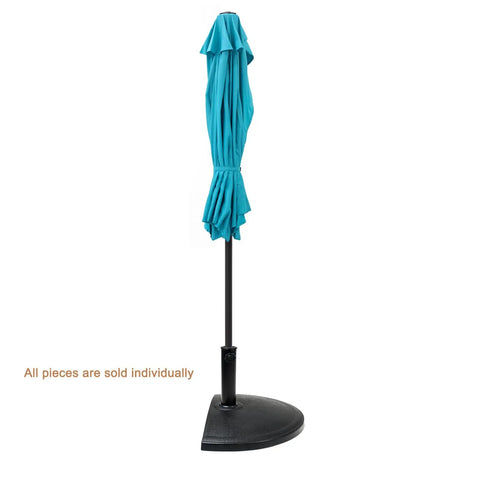 33 Lb Half Round Heavy Duty Base Stand Weight For Outdoor Patio Market Umbrella In Black with folded turquoise umbrella.