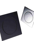 Ridiculously Durable Chrome Plated Brass Pop Up Floor Drain Plug For Bathtubs And Showers with square and round shapes in black and silver.