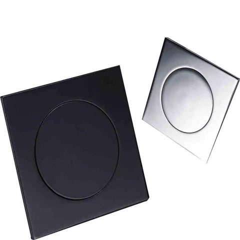 Ridiculously Durable Chrome Plated Brass Pop Up Floor Drain Plug For Bathtubs And Showers with square and round shapes in black and silver.