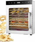 No Sweat 10 Tier Electric Food Dehydrator With Stainless Steel Shelves and Simple Digital Controls for churning out savory jerky dried fruits and fresh herbs while running like a dream, showing dehydrated fruit slices.