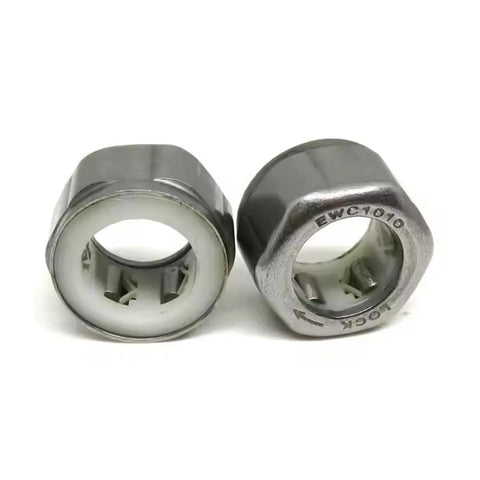 Two 12x18x9 mm one-way needle roller clutch bearings; metal with white inner race
