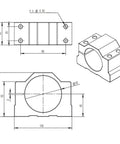 Heavy Duty CNC Motor Mount Bracket And Aluminum Spindle Clamp Fixture With Mounting Hardware For Router Milling Equipment Workshop, Ready To Install, Includes 4 M6 Screws, Precision Sandblasted Finish. Technical drawing of 65mm aluminum spindle clamp bracket
