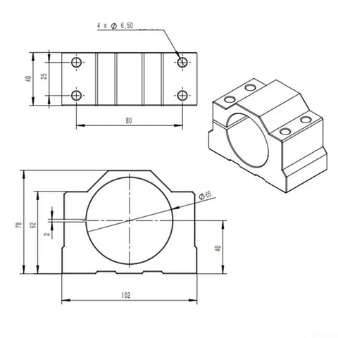 Heavy Duty CNC Motor Mount Bracket And Aluminum Spindle Clamp Fixture With Mounting Hardware For Router Milling Equipment Workshop, Ready To Install, Includes 4 M6 Screws, Precision Sandblasted Finish. Technical drawing of 65mm aluminum spindle clamp bracket