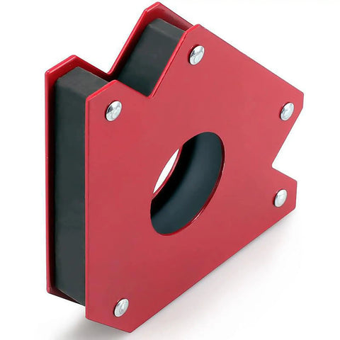 Six Piece Heavy Duty Welding Magnet Set With Right Inclined Angles And Multi Angle Holders For Pipe Installations Magnetic Welding Positioning Kit With Serious Suction Durable Solder Magnets Easy To Use And Clean; close-up of red angled magnet