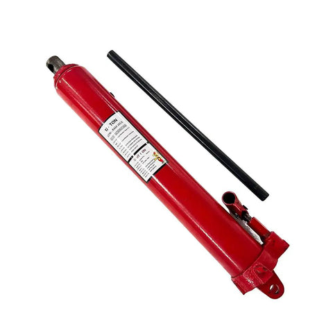 Heavy Duty 12 Ton Hydraulic Long Ram Jack With Handle For Engine Lifts And Cranes shown with handle and specifications label