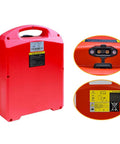Top Shelf LifePO4 Lithium Battery For Electric Pallet Jack And Warehouse Forklift Trucks 24V 48V red battery with handle and connectors.