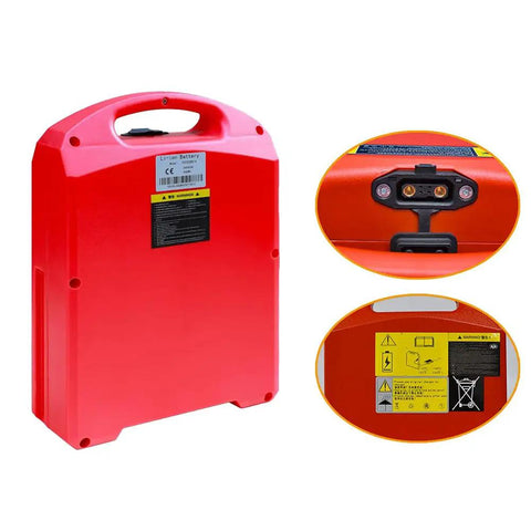 Top Shelf LifePO4 Lithium Battery For Electric Pallet Jack And Warehouse Forklift Trucks 24V 48V red battery with handle and connectors.