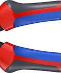 Side view of KNIPEX 09 12 240 9.5-inch lineman's pliers with fish tape puller and crimper, red and blue handles