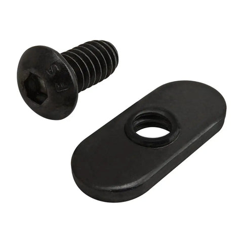 Knockout 1/4-20 X Half Inch Button Head Socket Cap Screw And Slide-In T-Nut Bolt Combo For T-Slot Extrusion Mounting With Badass Black Zinc Steel Fasteners 100 Piece Set showing a black screw and slide-in T-nut.