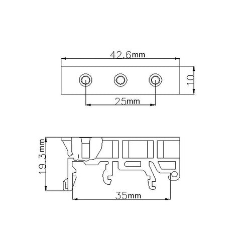 Technical diagram of Ten Pack DIN Rail PCB Mounting Brackets For 35mm C45 Rails Green Clips showing dimensions