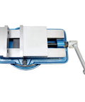 Dead Center 4 Inch Precision Accu Lock Milling Vise With Smooth Swivel Base, features a sturdy blue base with silver jaws.