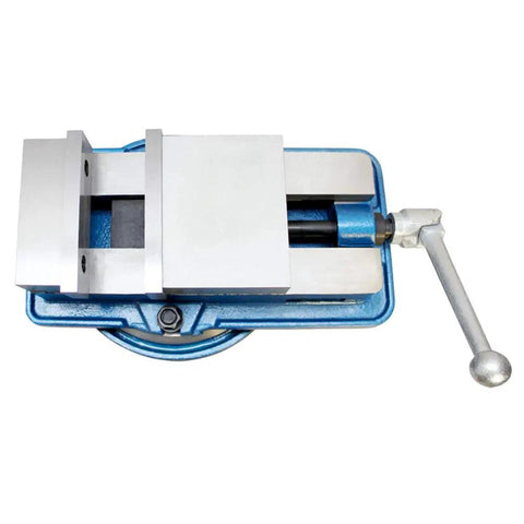 Dead Center 4 Inch Precision Accu Lock Milling Vise With Smooth Swivel Base, features a sturdy blue base with silver jaws.