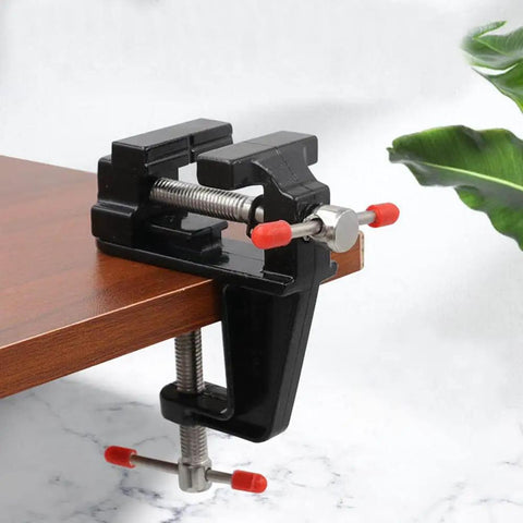 Mini Tabletop Vise Clamp On For Jewelry Making And Watch Repair, Portable Aluminum Alloy Bench Vise, black, installed on table edge