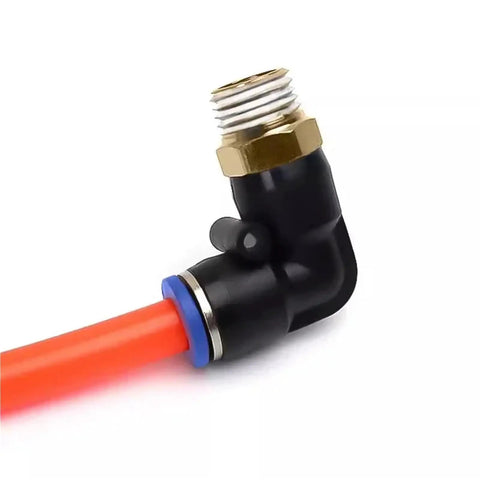 Close-up of an elbow fitting from the Pneumatic Air Connector Kit With Elbow Fittings And Quick Connect Hose For 4 6 8 10 12 Millimeter Lines Thread Sizes One Eighth One Quarter Three Eighths One Half Inch PL12 04, showing metal threads and orange hose.