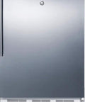 Front view of Rock Solid Upright Freezer Zero Hassle Freestanding Or Built In Configuration showing stainless steel finish.