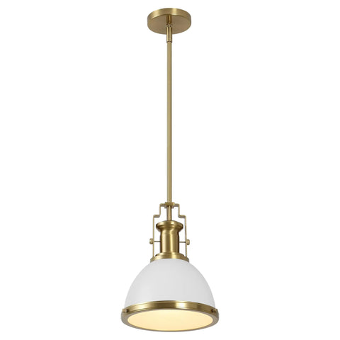 Brass Gold Modern Industrial 10 Inch Pendant Light With White Dome Shade, ideal for kitchen island or entryway, includes LED bulb, hardwired.