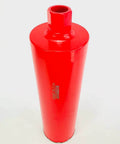 Red conical drill bit housing with threaded top, front view
