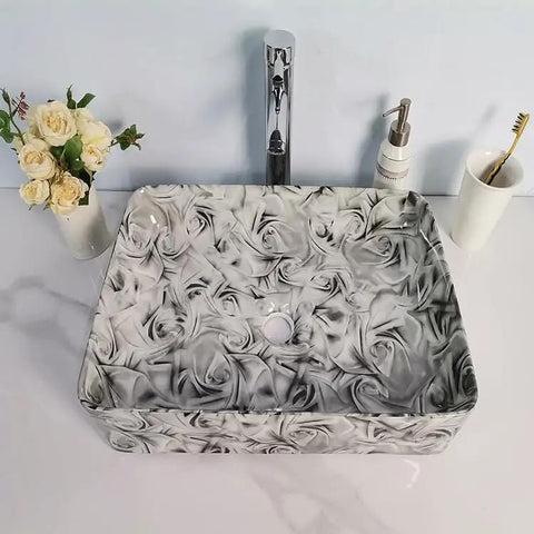 USZWBY Vessel Sinks Bathroom Vessel Sink Hotel Art Wash Basin Marble Pattern Ceramic Bathroom Bowl Sink with a floral design.