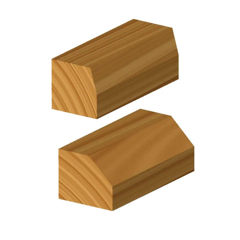 Woodcut samples showing 45-degree angle cuts made by Carbide Chamfer Router Bit, 45 Degree Cutting Angle, 1-11/32 Inch Diameter.