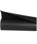 Rolled black embossed diamond plate pattern floor runner protector, 27 inches wide by 25 feet long, heavy duty plastic shield.