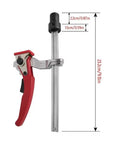 20mm Quick Press Hold Down Clamp With Ratchet Locking Mechanism For Woodworking And Machinery shown with measurements