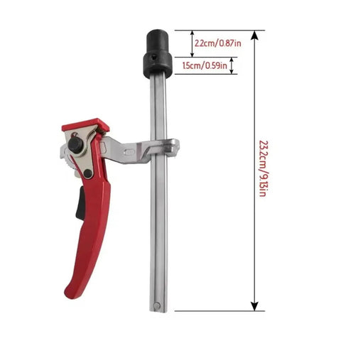 20mm Quick Press Hold Down Clamp With Ratchet Locking Mechanism For Woodworking And Machinery shown with measurements