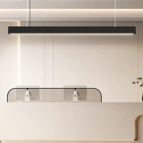Top Shelf 4 Ft Linear Led Pendant Light With Smooth Remote Control Adjustable 3000K To 6000K Color Temperature above modern reception desk.