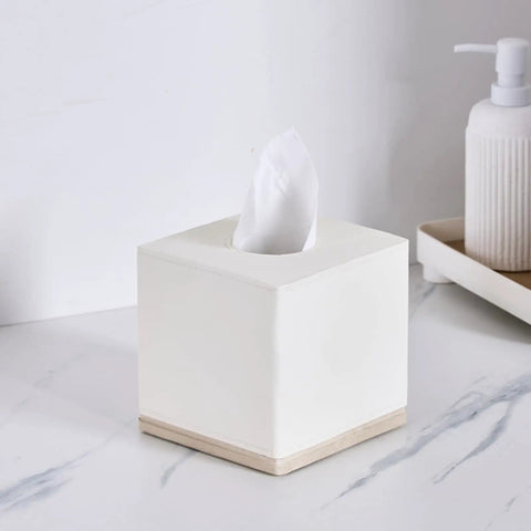 Hand Carved Beige Leather Cube Tissue Box Holder With Square Resin Cover Five Point Five Inch Built To Last Heavy Duty Luxury Tissue Box Case