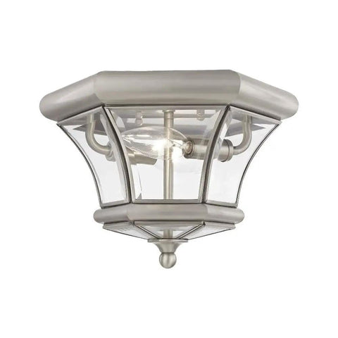 Monterey Two Light Outdoor Indoor Flush Mount In Polished Brass Finish Solid Brass Fixture With Clear Beveled Glass Classic Old School Vibe