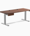 Solid Hardwood Standing Desk Featuring An Integrated Under Desk Drawer In Natural Walnut Finish 80 Inches Wide with silver legs and cable management.