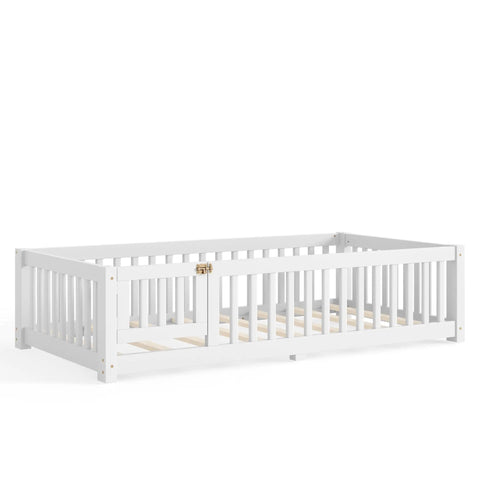 Totally Built Tough Twin Floor Bed With Montessori Design And Complete Safety Guardrails Plus Easy Access Door For Kids, Solid Wood low profile slatted frame in fresh white.