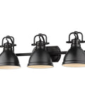 Three Light Matte Black Bath Vanity Fixture From Duncan Collection With Matte Black Shades, front view, 24 Inch Wide