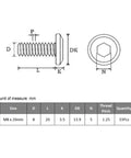 M8 1.25 X 20mm Hex Socket Cap Screws 33 Pack Flat Head Full Thread 304 Stainless Steel Black Zinc Plated Hardware diagram