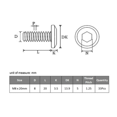 M8 1.25 X 20mm Hex Socket Cap Screws 33 Pack Flat Head Full Thread 304 Stainless Steel Black Zinc Plated Hardware diagram