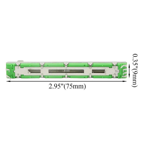 10K Ohm Double Linear Slide Potentiometer B103 Pack front view, 75mm body with 60mm travel, electronic control, green casing.
