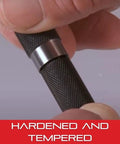 Close-up of Pro Grade Steel Center Punch with Round Shank and Knurled Grip showcasing hardened and tempered design.
