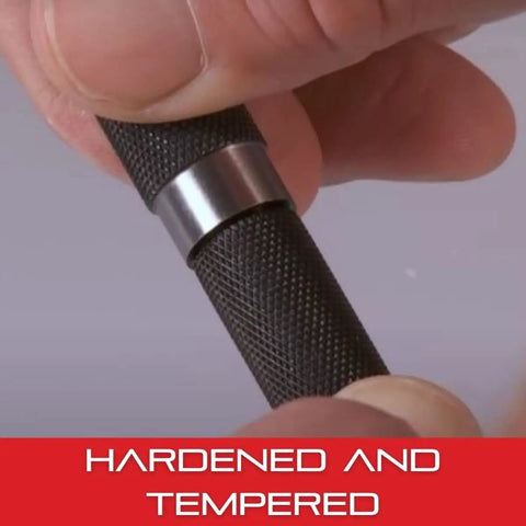 Close-up of Pro Grade Steel Center Punch with Round Shank and Knurled Grip showcasing hardened and tempered design.