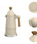 Portable 6 Cup Octagonal Aluminum Espresso Pot for Camping Office Cafe or Restaurant White Coffee Maker with wood handle and lid detail